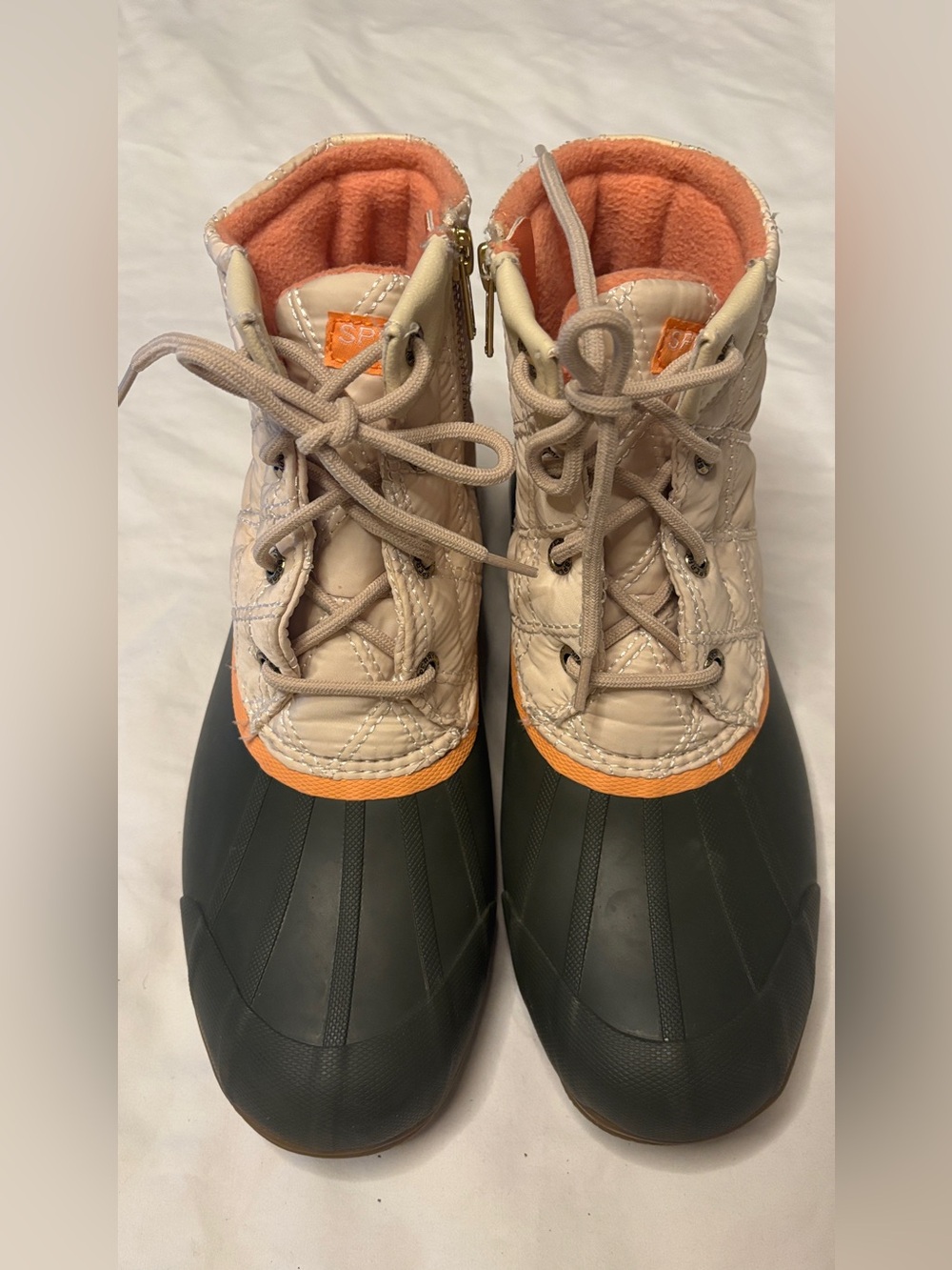 Sperry Women’s Size 7.5 Duck Boots Quilted Beige Green Orange Zip Waterproof